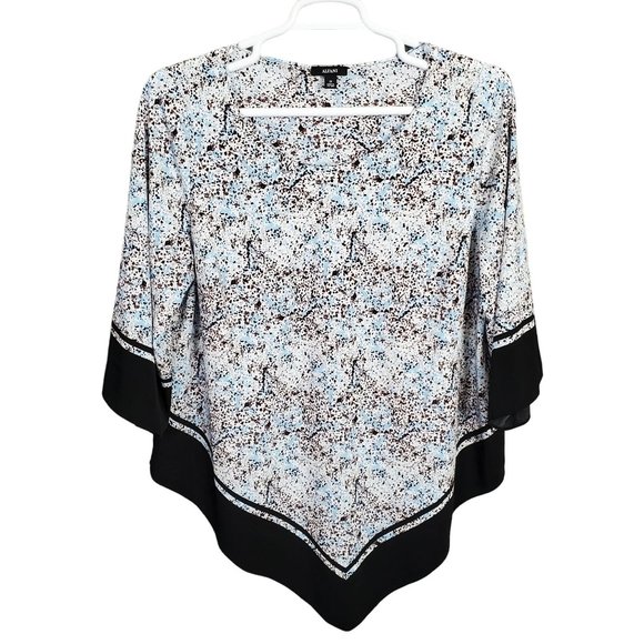 Alfani Sz 2X Blouse Tunic Pullover Silky Point Hem Splatter Pullover Blue Brown - Picture 2 of 7